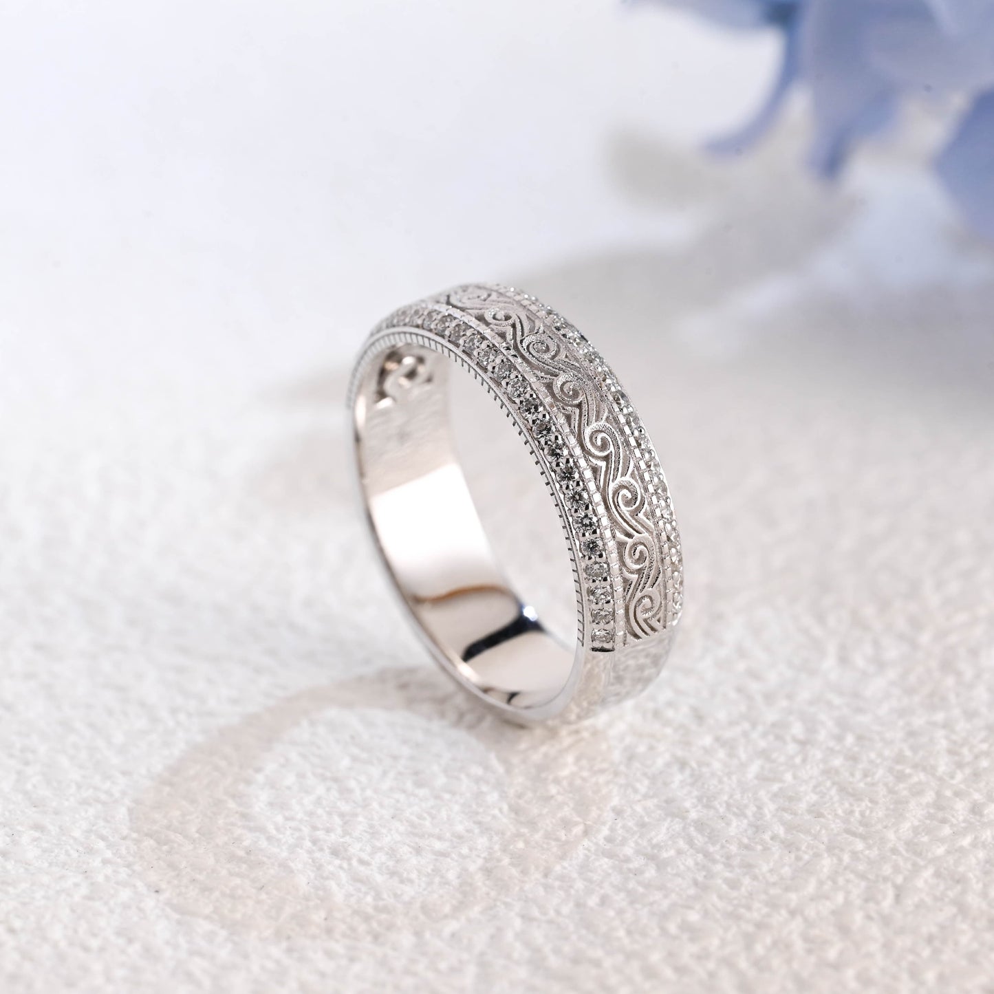 CausYou lab diamond men's wedding ring Solid Gold 6mm Vintage Milgrain Engraved Lab Diamond Wedding Band for Man