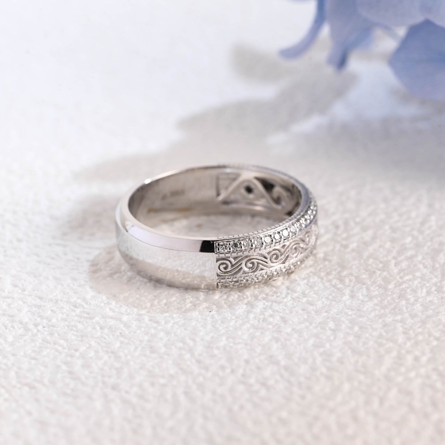 CausYou lab diamond men's wedding ring Solid Gold 6mm Vintage Milgrain Engraved Lab Diamond Wedding Band for Man