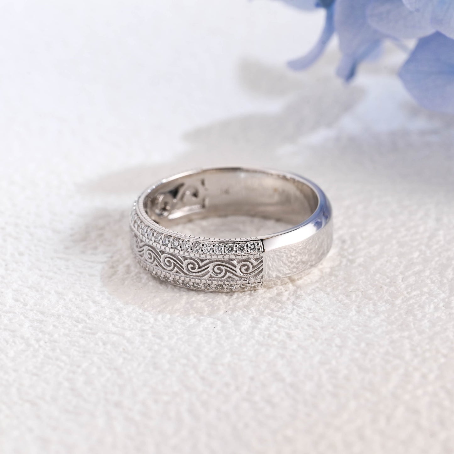CausYou lab diamond men's wedding ring Solid Gold 6mm Vintage Milgrain Engraved Lab Diamond Wedding Band for Man