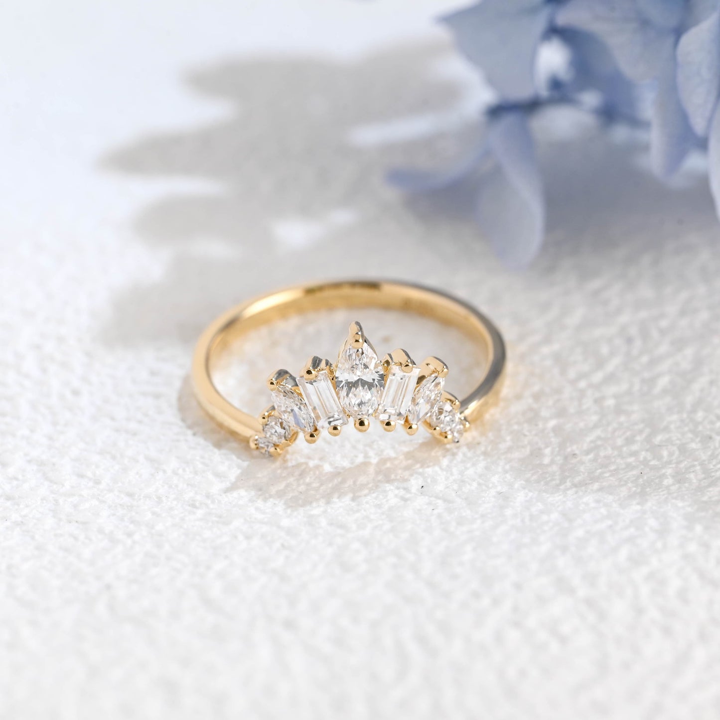 CausYou lab diamond wedding ring Solid Gold Lab Diamond Wedding Band, Sunburst Tapered Curved Ring