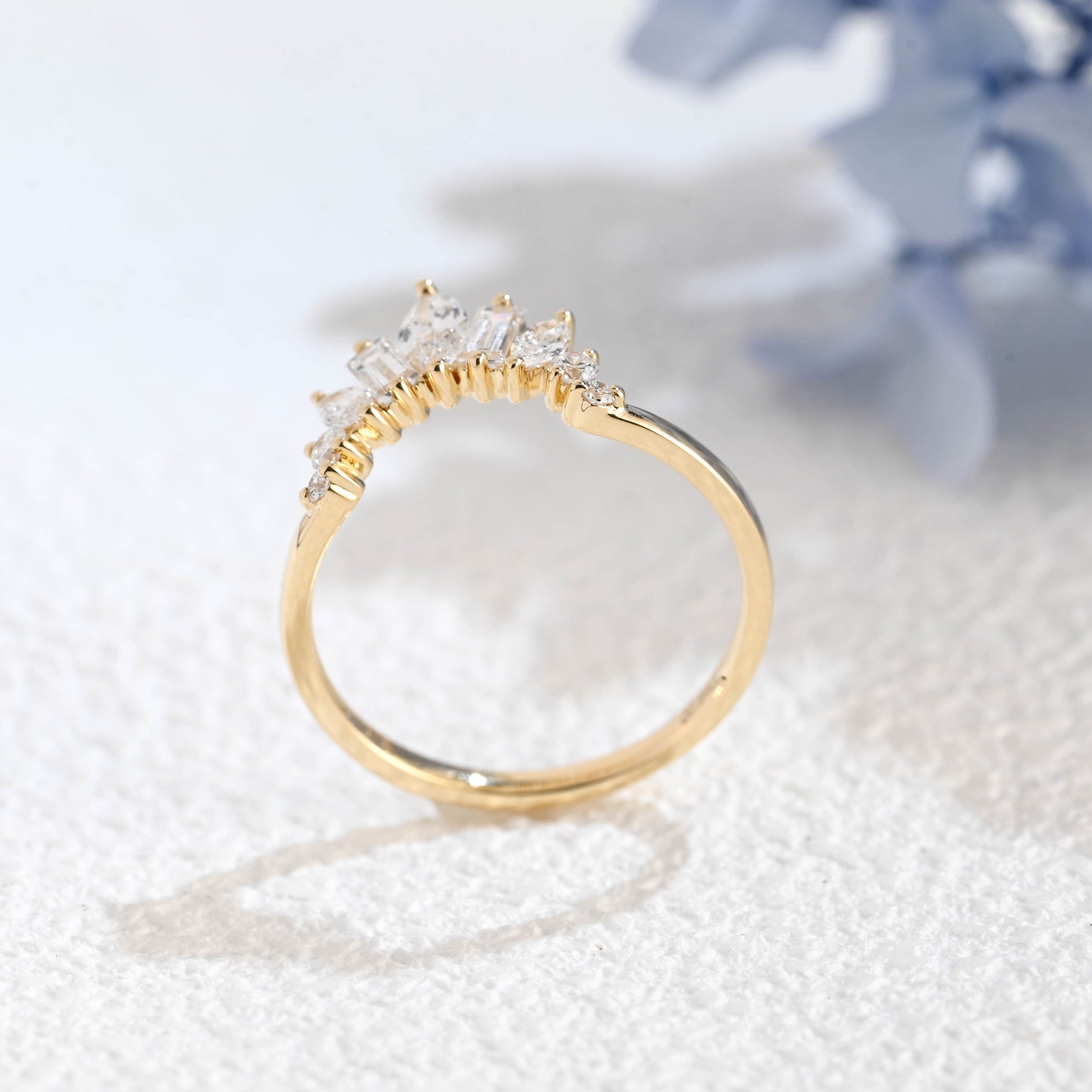 CausYou lab diamond wedding ring Solid Gold Lab Diamond Wedding Band, Sunburst Tapered Curved Ring