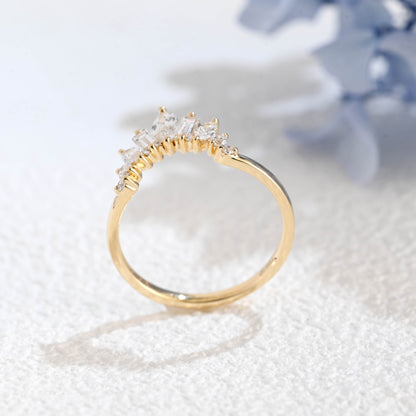 CausYou lab diamond wedding ring Solid Gold Lab Diamond Wedding Band, Sunburst Tapered Curved Ring