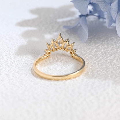 CausYou lab diamond wedding ring Solid Gold Lab Diamond Wedding Band, Sunburst Tapered Curved Ring