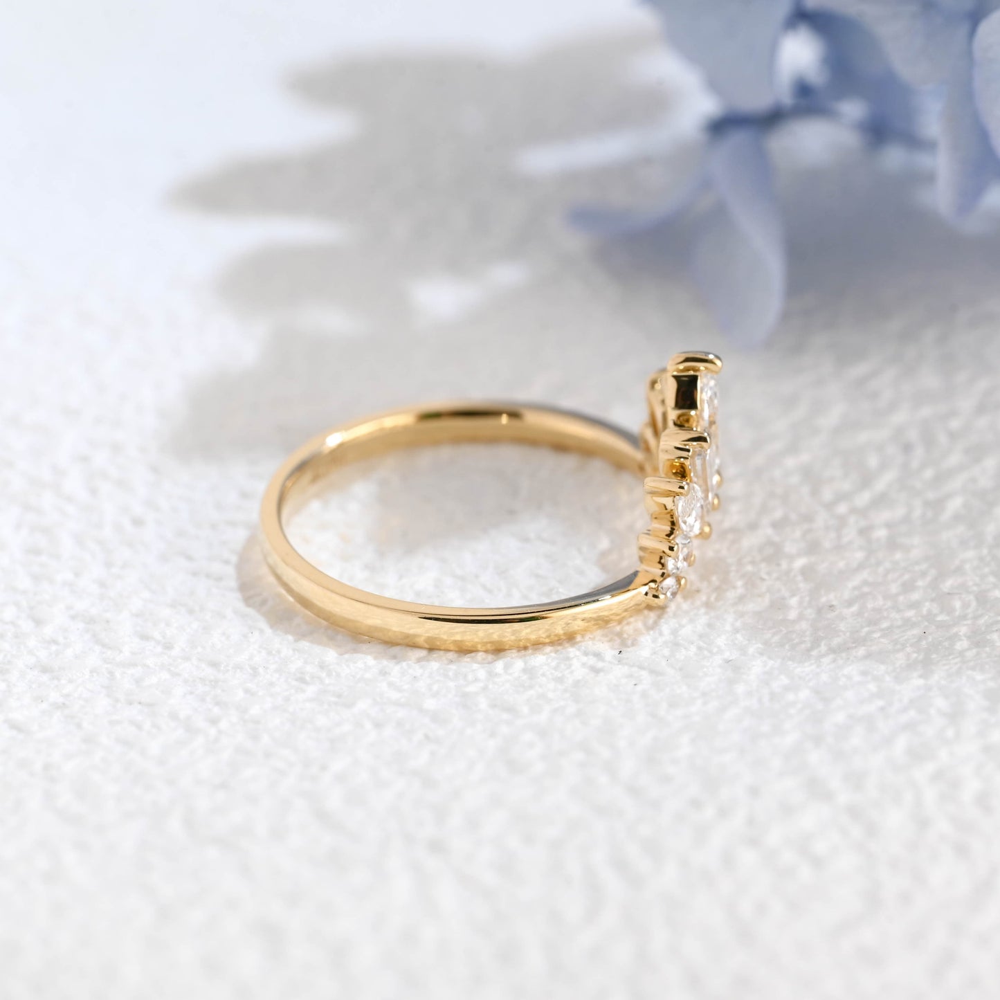 CausYou lab diamond wedding ring Solid Gold Lab Diamond Wedding Band, Sunburst Tapered Curved Ring