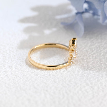 CausYou lab diamond wedding ring Solid Gold Lab Diamond Wedding Band, Sunburst Tapered Curved Ring