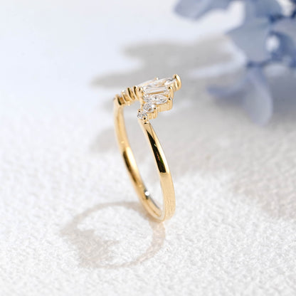 CausYou lab diamond wedding ring Solid Gold Lab Diamond Wedding Band, Sunburst Tapered Curved Ring