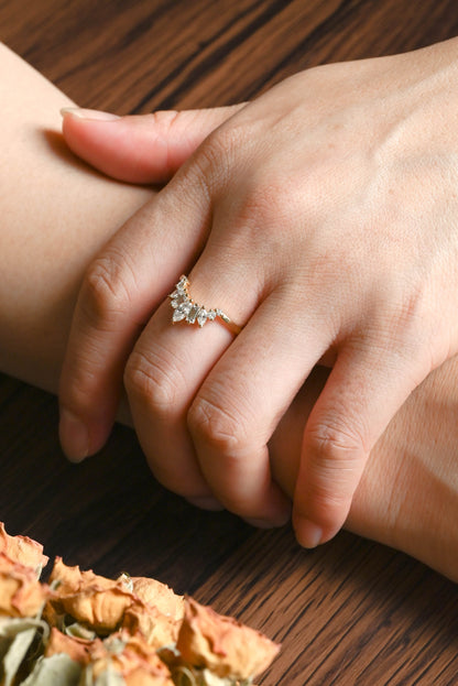 CausYou lab diamond wedding ring Solid Gold Lab Diamond Wedding Band, Sunburst Tapered Curved Ring