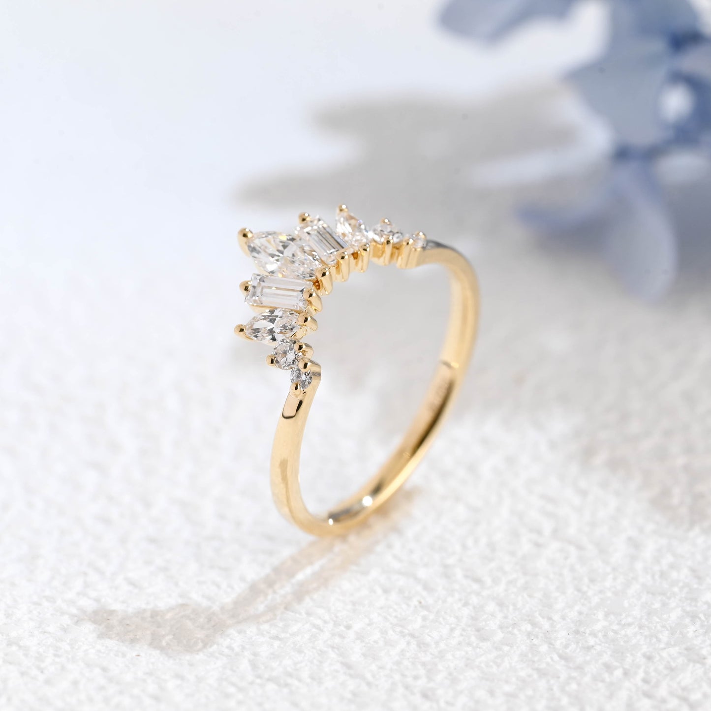CausYou lab diamond wedding ring Solid Gold Lab Diamond Wedding Band, Sunburst Tapered Curved Ring
