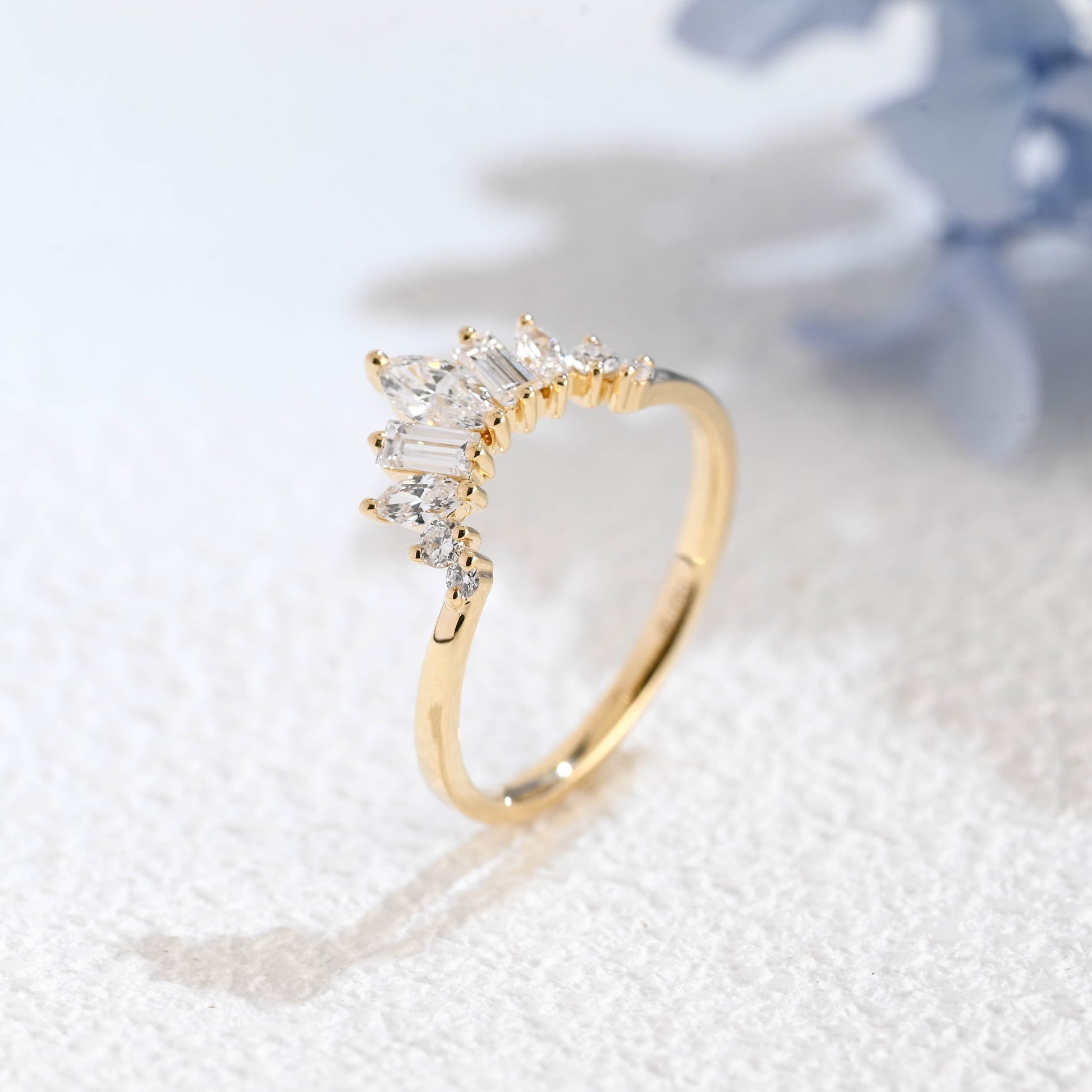 CausYou lab diamond wedding ring Solid Gold Lab Diamond Wedding Band, Sunburst Tapered Curved Ring