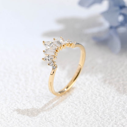 CausYou lab diamond wedding ring Solid Gold Lab Diamond Wedding Band, Sunburst Tapered Curved Ring