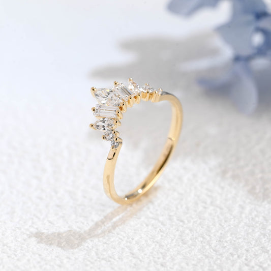 CausYou lab diamond wedding ring Solid Gold Lab Diamond Wedding Band, Sunburst Tapered Curved Ring
