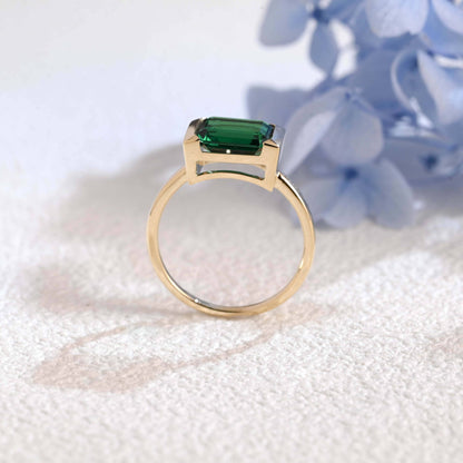 CausYou lab grown emerald engagement ring Solid Gold Solitaire Half Bezel Lab Grown Emerald Engagement Ring