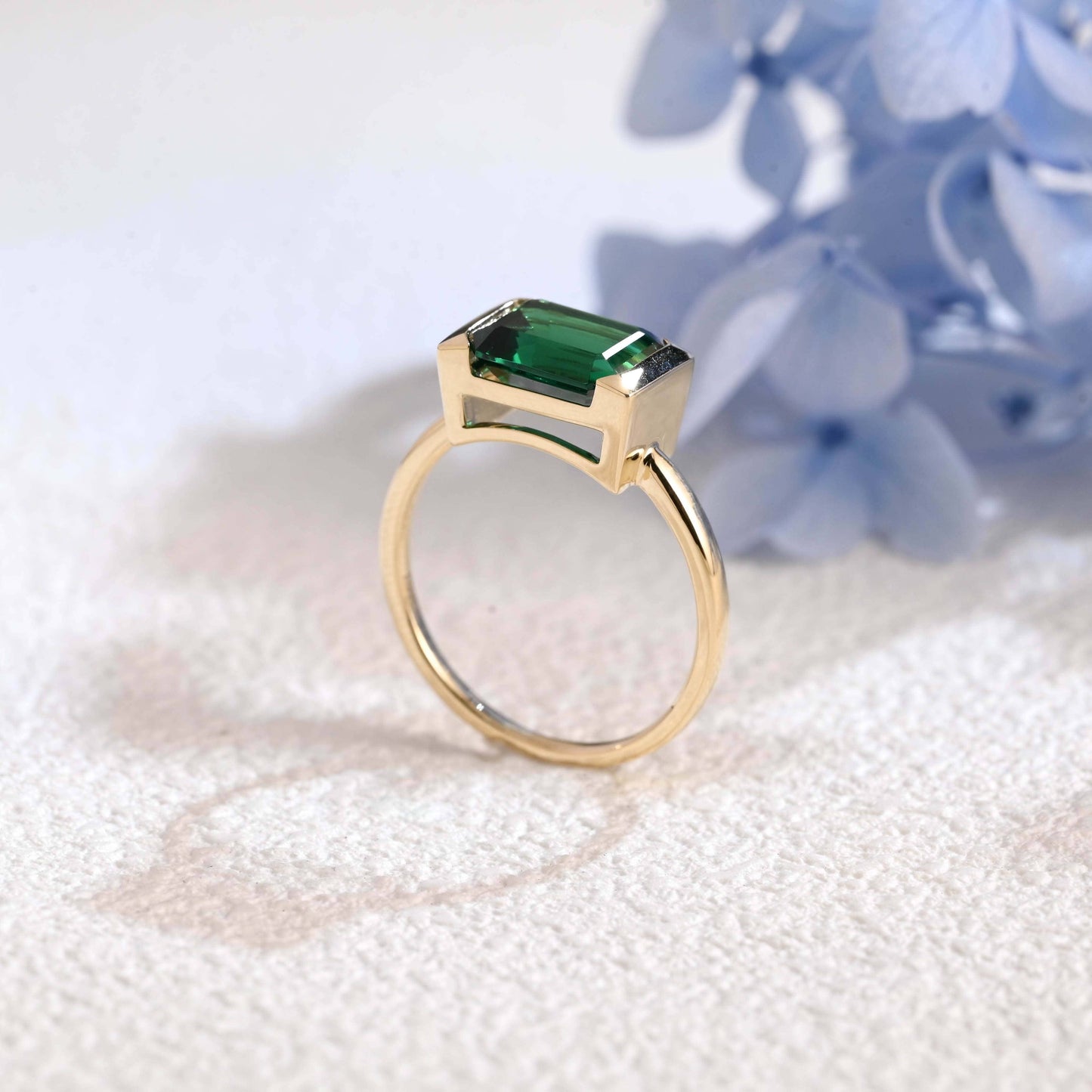 CausYou lab grown emerald engagement ring Solid Gold Solitaire Half Bezel Lab Grown Emerald Engagement Ring