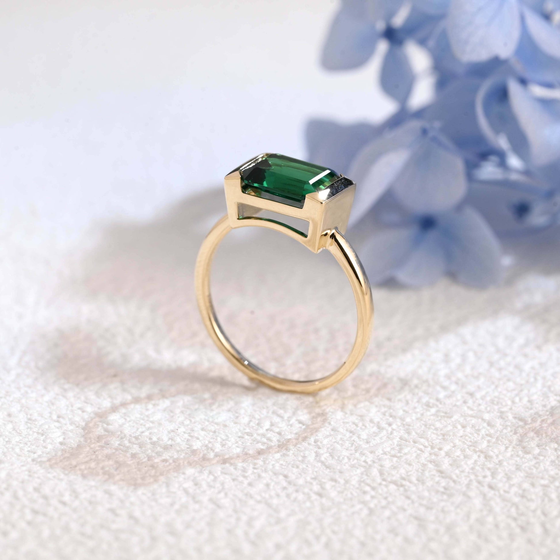CausYou lab grown emerald engagement ring Solid Gold Solitaire Half Bezel Lab Grown Emerald Engagement Ring