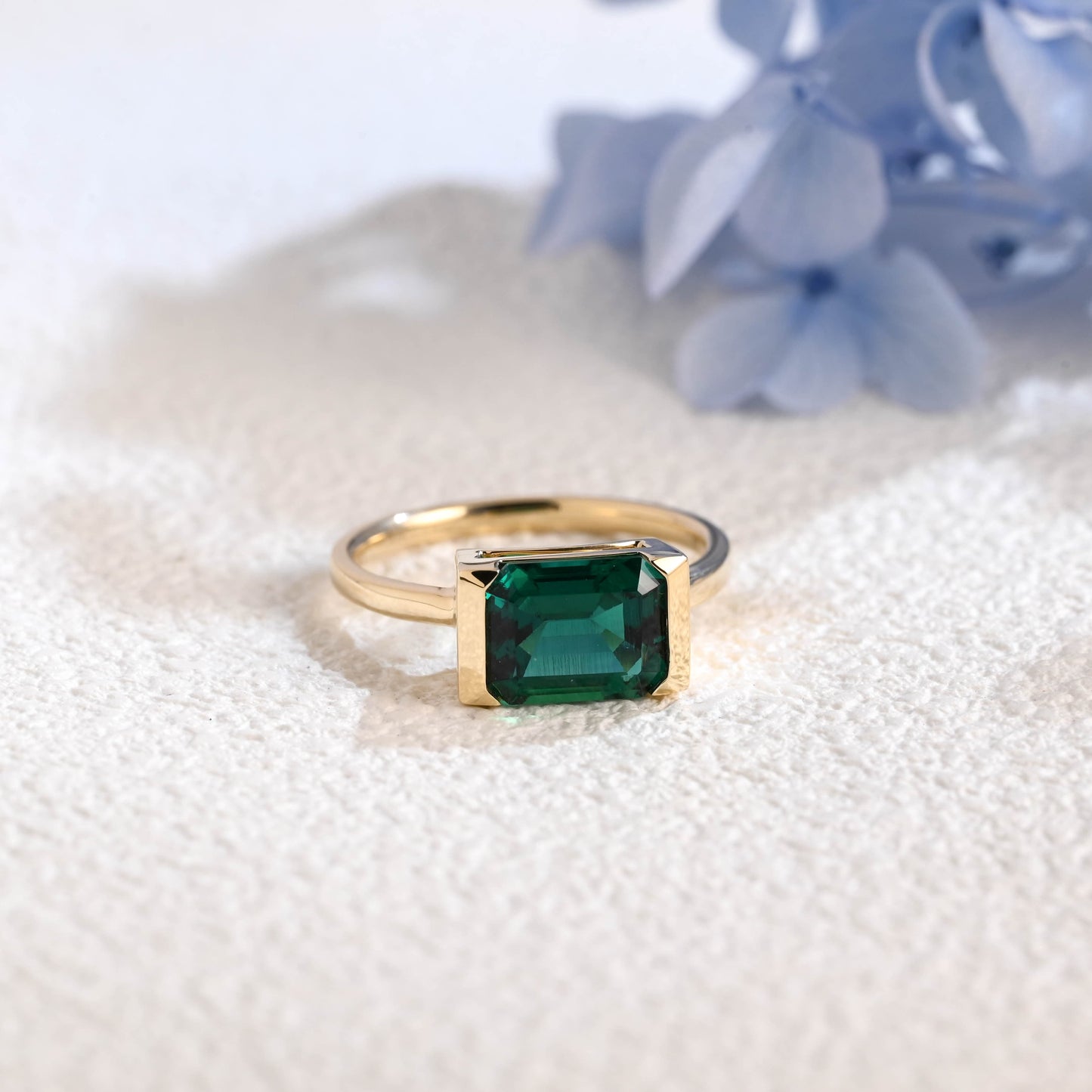 CausYou lab grown emerald engagement ring Solid Gold Solitaire Half Bezel Lab Grown Emerald Engagement Ring
