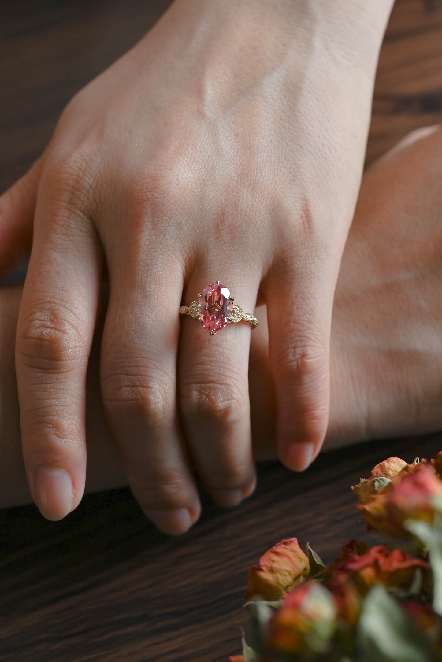 CausYou lab grown sapphire engagement ring Solid Gold Antique Milgrain Lab Grown Pink Sapphire Engagement Ring