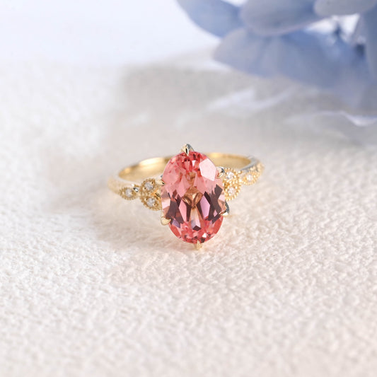 CausYou lab grown sapphire engagement ring Solid Gold Antique Milgrain Lab Grown Pink Sapphire Engagement Ring