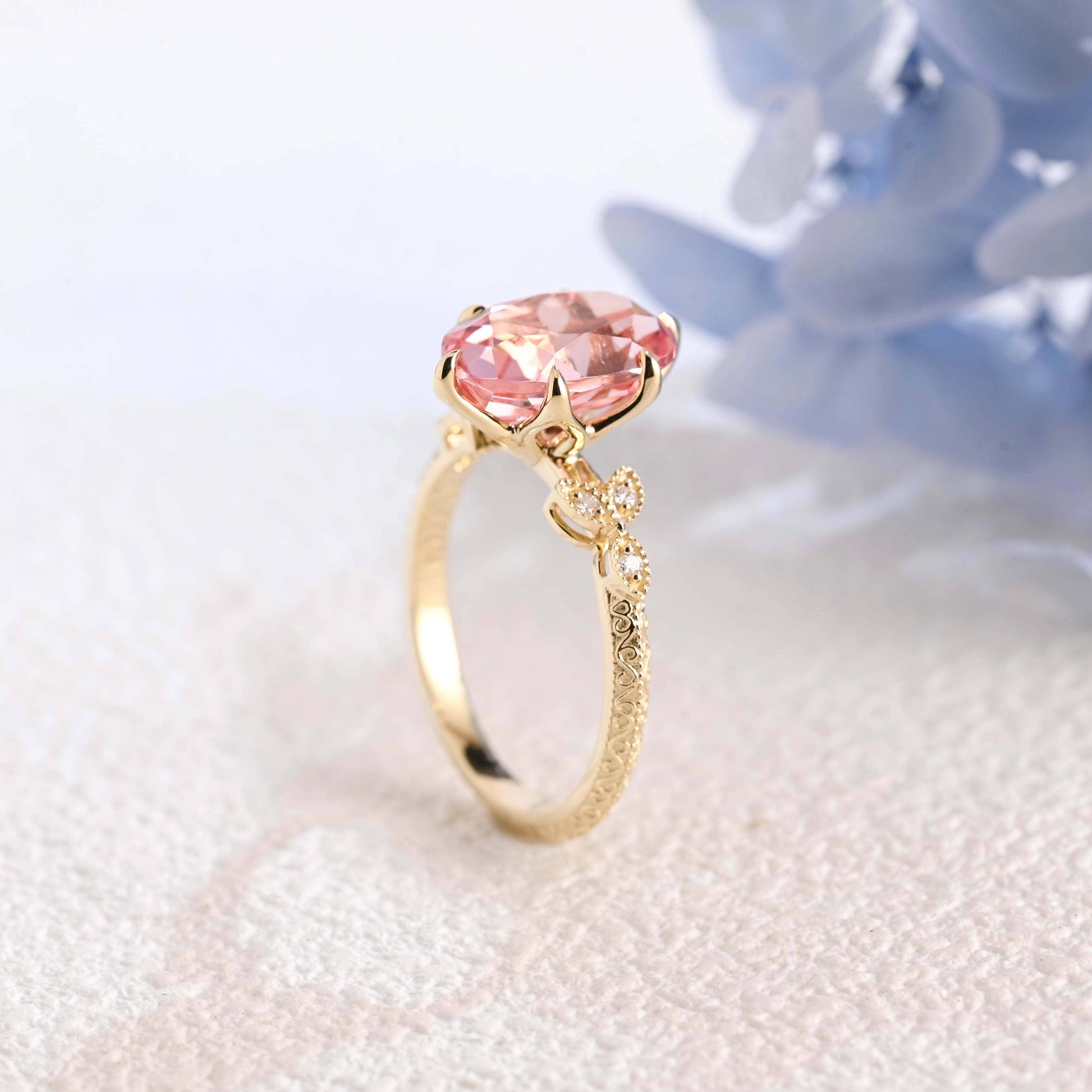 CausYou lab grown sapphire engagement ring Solid Gold Antique Milgrain Lab Grown Pink Sapphire Engagement Ring