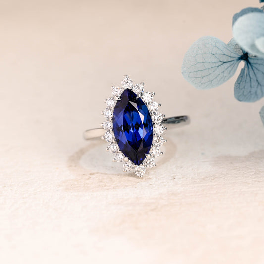 CausYou lab grown sapphire engagement ring Solid Gold Halo Marquise Cut Lab Grown Blue Sapphire Engagement Ring