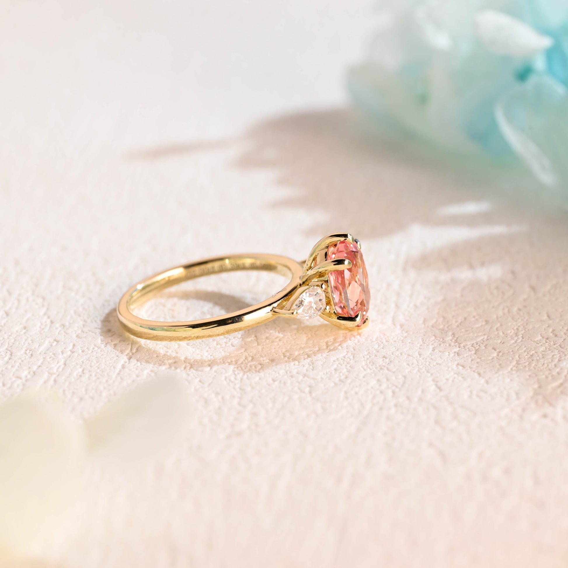 CausYou lab grown sapphire engagement ring Solid Gold Oval Cut Lab Grown Pink Sapphire Engagement Ring, Three Stone Promise Ring, Proposal Ring