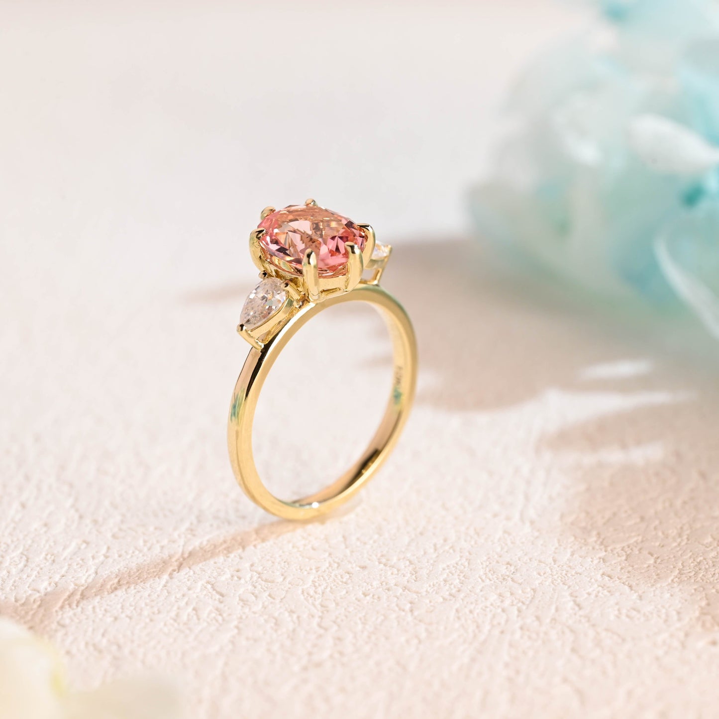 CausYou lab grown sapphire engagement ring Solid Gold Oval Cut Lab Grown Pink Sapphire Engagement Ring, Three Stone Promise Ring, Proposal Ring