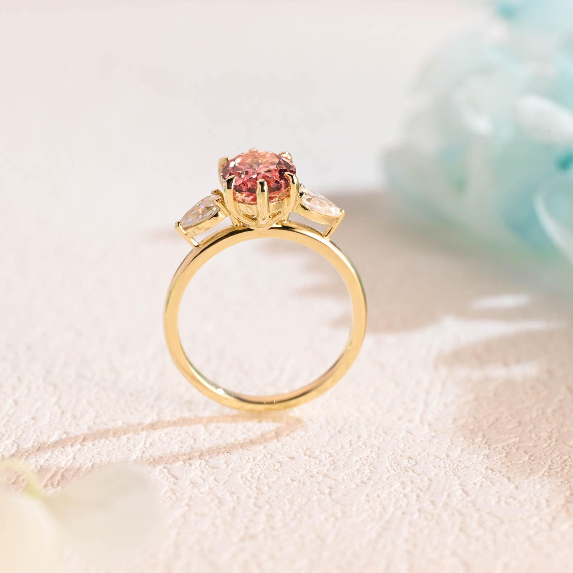 CausYou lab grown sapphire engagement ring Solid Gold Oval Cut Lab Grown Pink Sapphire Engagement Ring, Three Stone Promise Ring, Proposal Ring