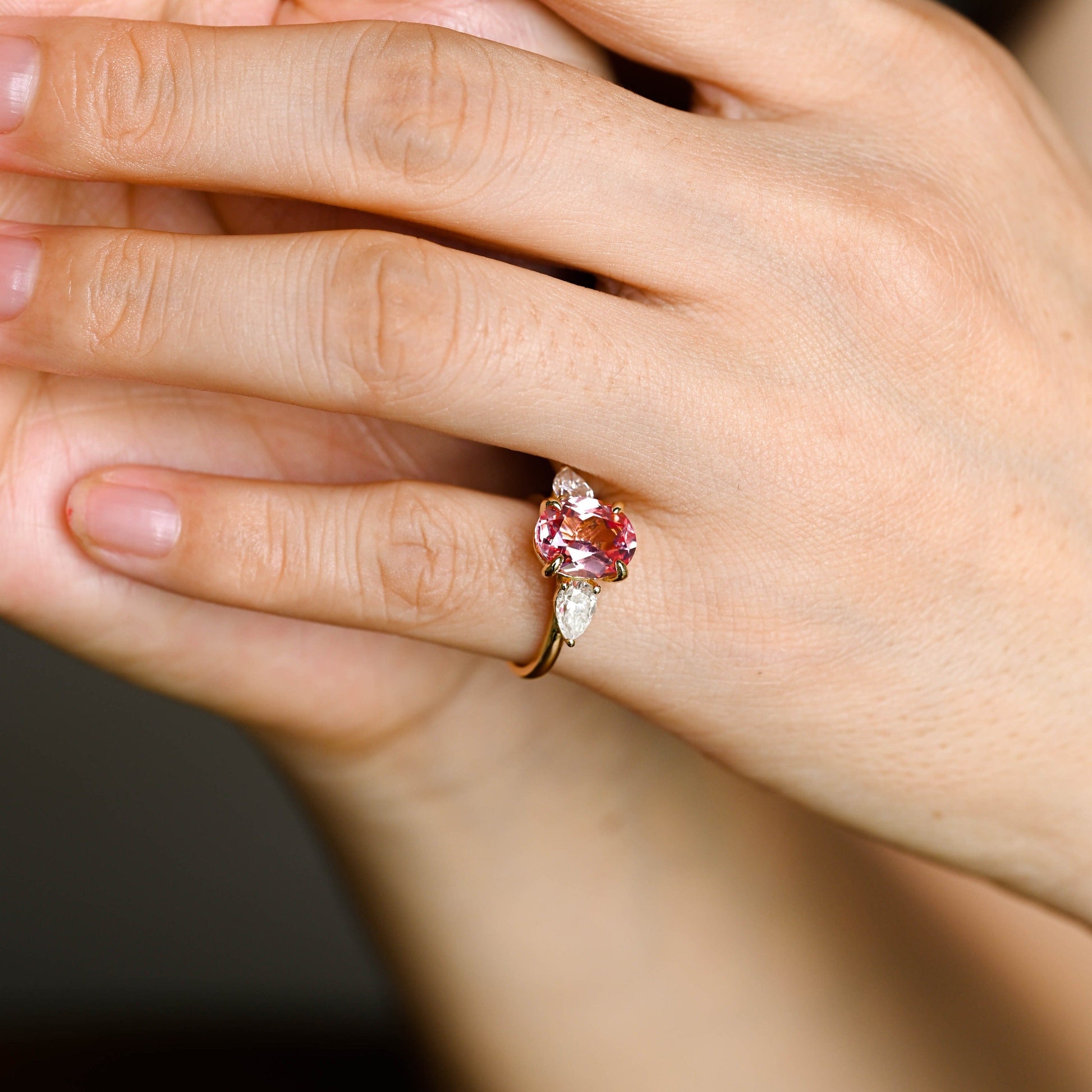 CausYou lab grown sapphire engagement ring Solid Gold Oval Cut Lab Grown Pink Sapphire Engagement Ring, Three Stone Promise Ring, Proposal Ring