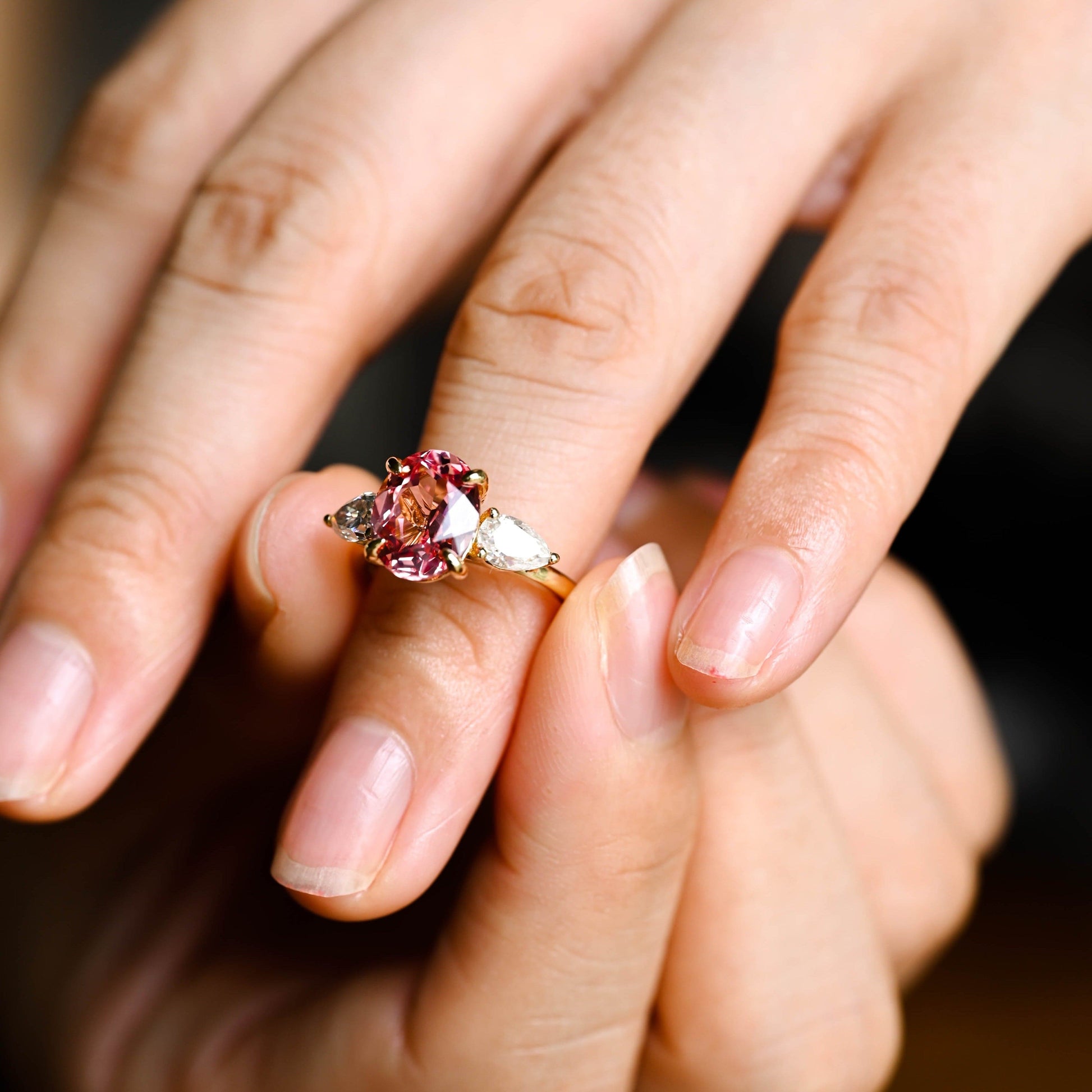 Solid Gold Three Stone Oval Cut Lab Grown Pink Sapphire Engagement