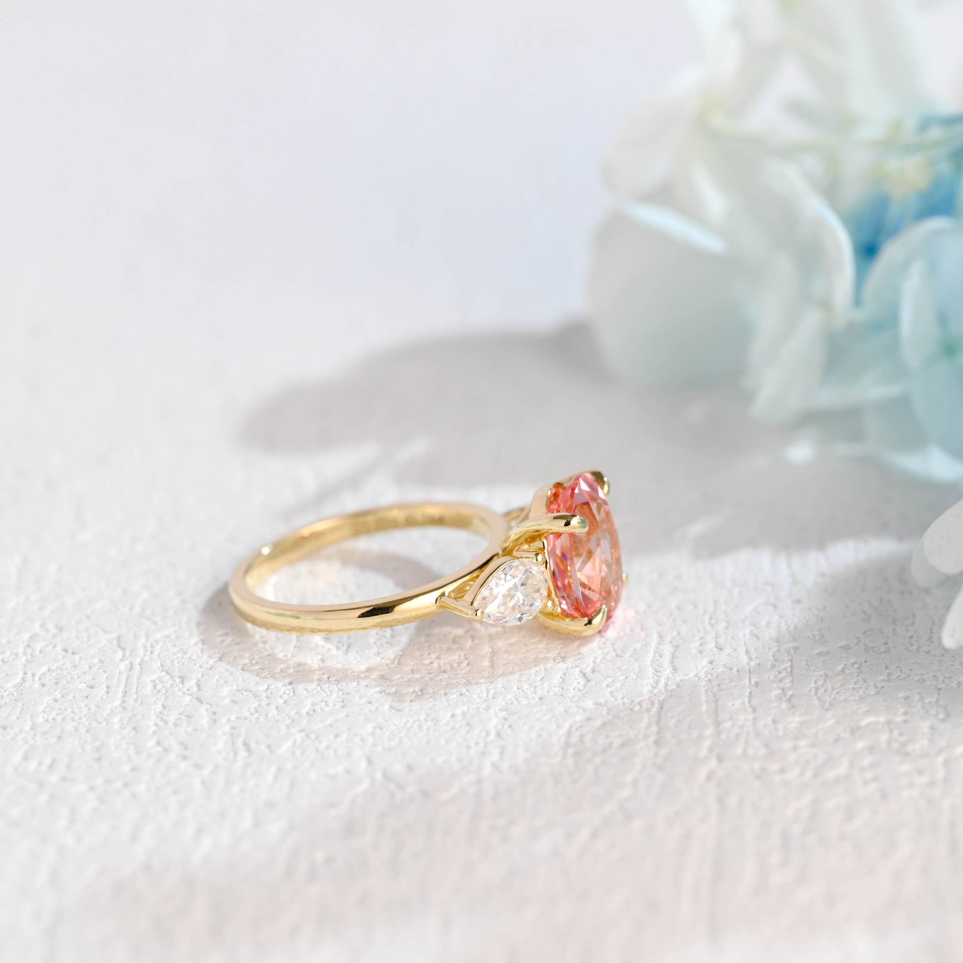 CausYou lab grown sapphire engagement ring Solid Gold Oval Cut Lab Grown Pink Sapphire Engagement Ring, Three Stone Promise Ring, Proposal Ring