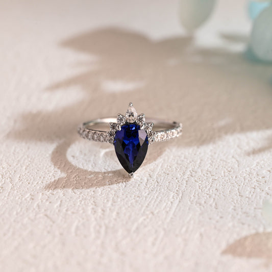 CausYou lab grown sapphire engagement ring Solid Gold Pear Cut Lab Sapphire Engagement Ring, Blue Sapphire Ring