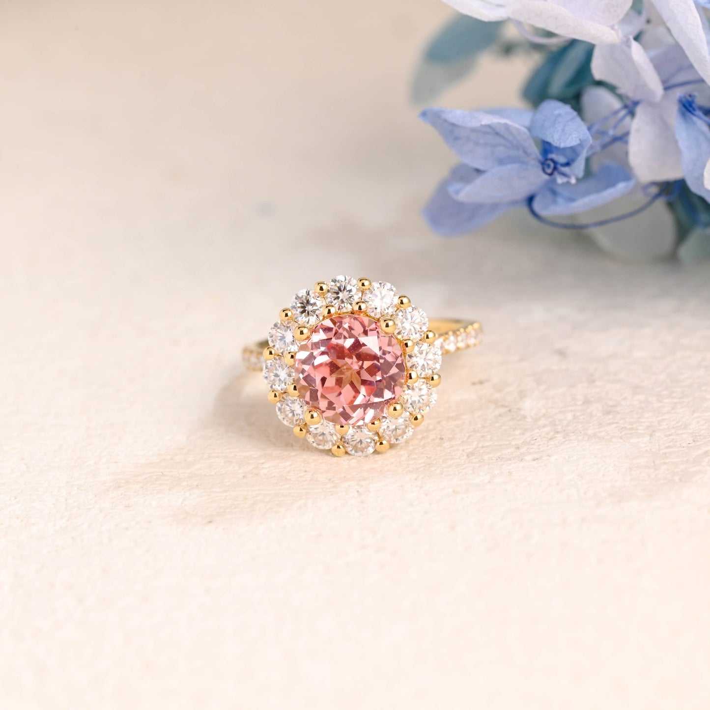 CausYou lab grown sapphire engagement ring Solid Gold Round Lab Grown Padparadscha Pink Sapphire Engagement Ring, Floral Halo Ring