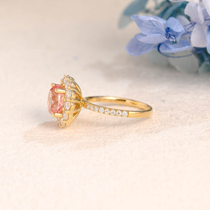 CausYou lab grown sapphire engagement ring Solid Gold Round Lab Grown Padparadscha Pink Sapphire Engagement Ring, Floral Halo Ring