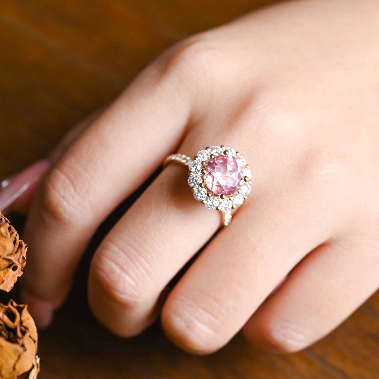 CausYou lab grown sapphire engagement ring Solid Gold Round Lab Grown Padparadscha Pink Sapphire Engagement Ring, Floral Halo Ring