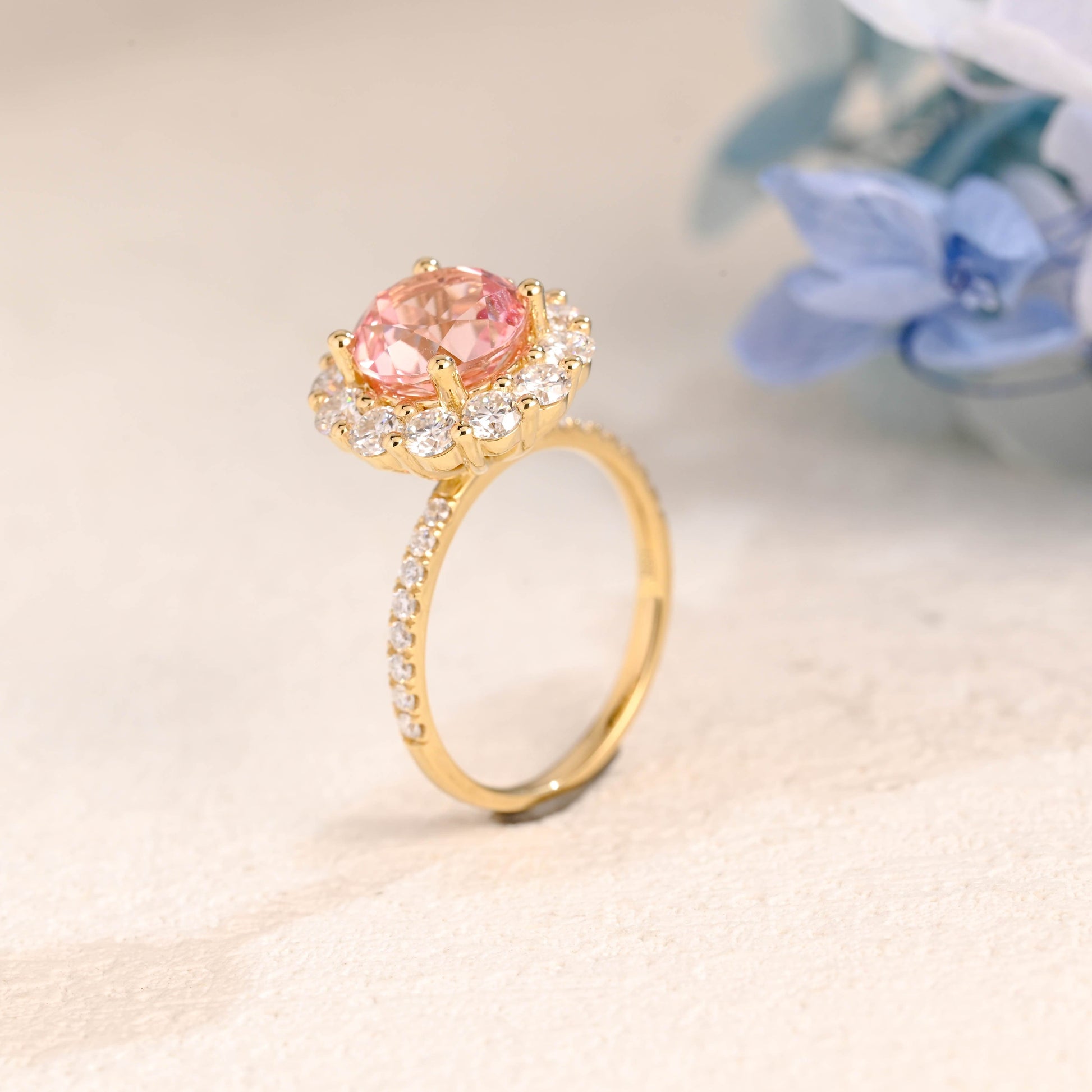 CausYou lab grown sapphire engagement ring Solid Gold Round Lab Grown Padparadscha Pink Sapphire Engagement Ring, Floral Halo Ring