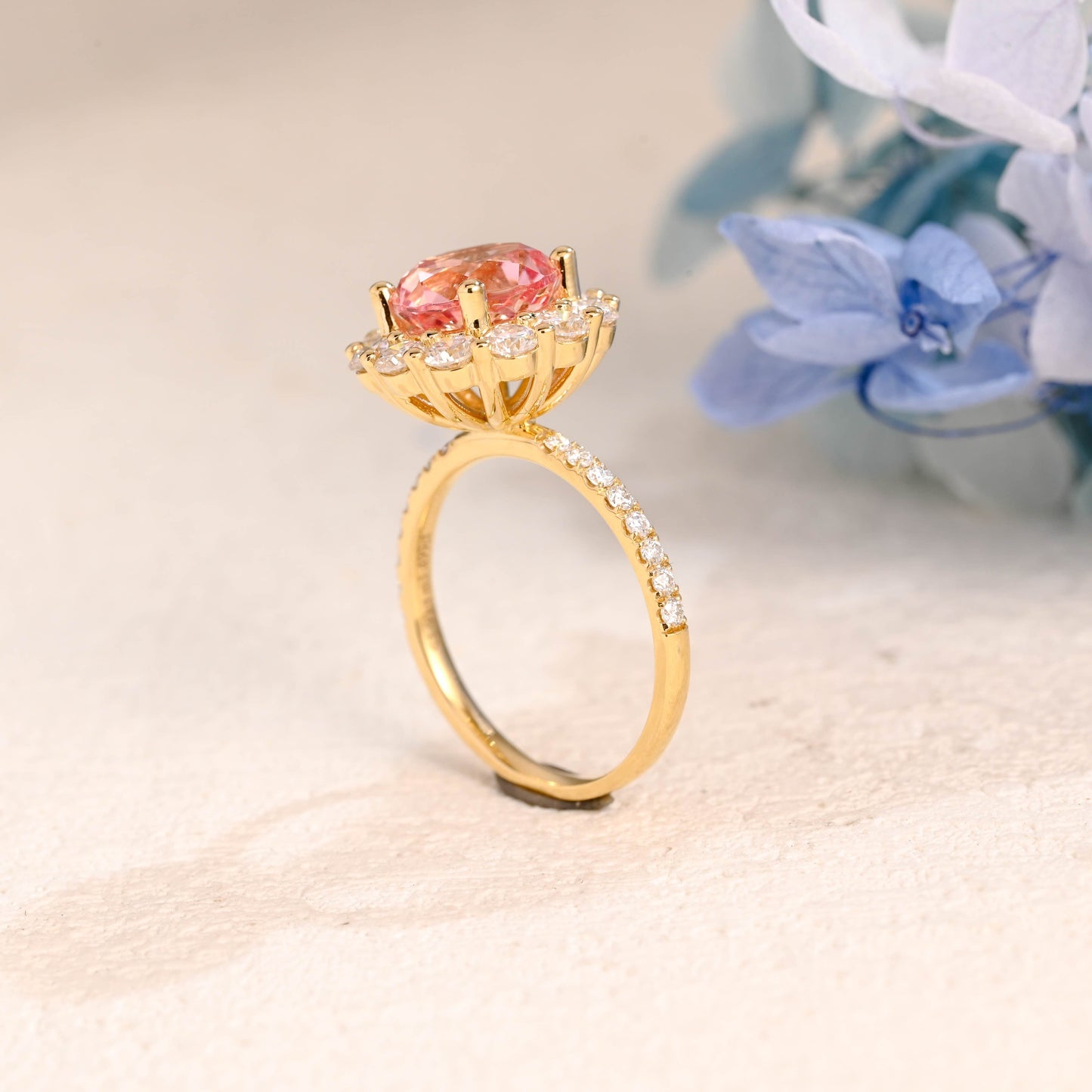 CausYou lab grown sapphire engagement ring Solid Gold Round Lab Grown Padparadscha Pink Sapphire Engagement Ring, Floral Halo Ring