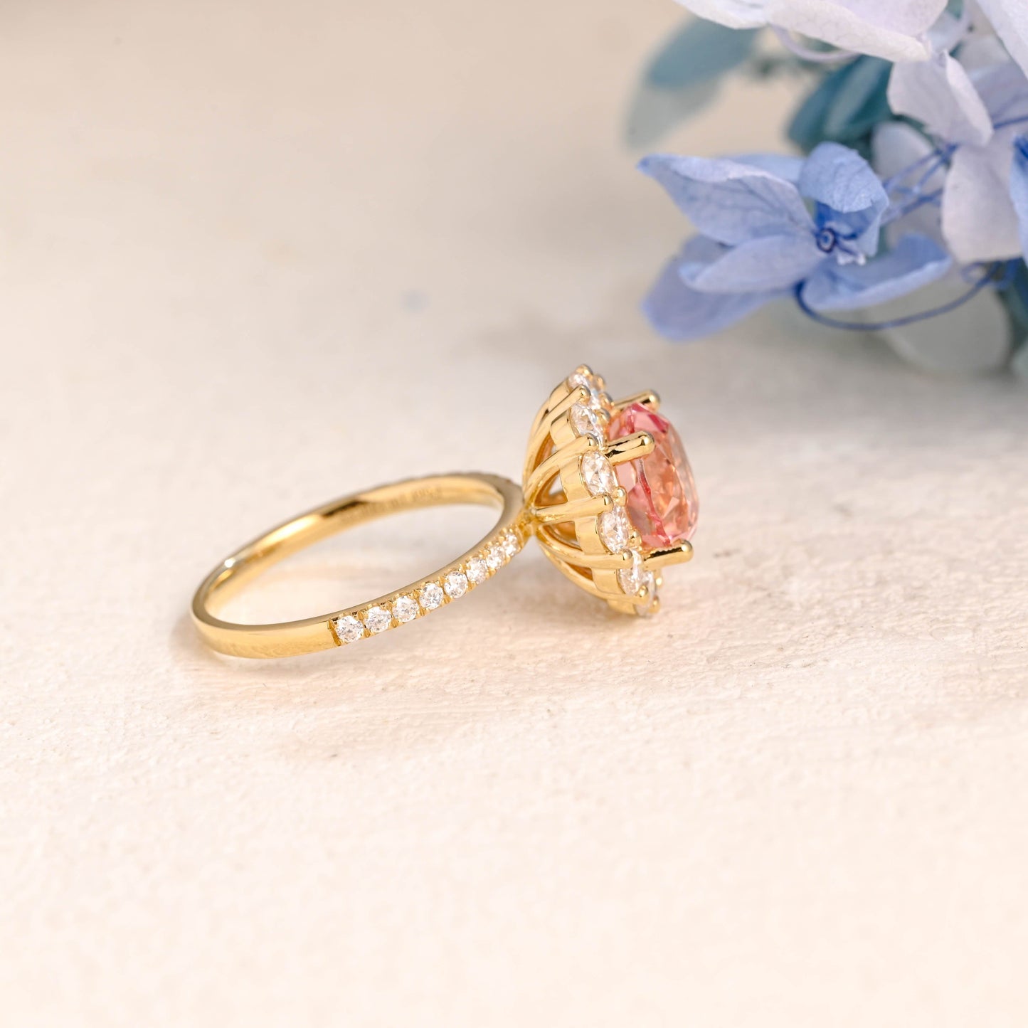 CausYou lab grown sapphire engagement ring Solid Gold Round Lab Grown Padparadscha Pink Sapphire Engagement Ring, Floral Halo Ring