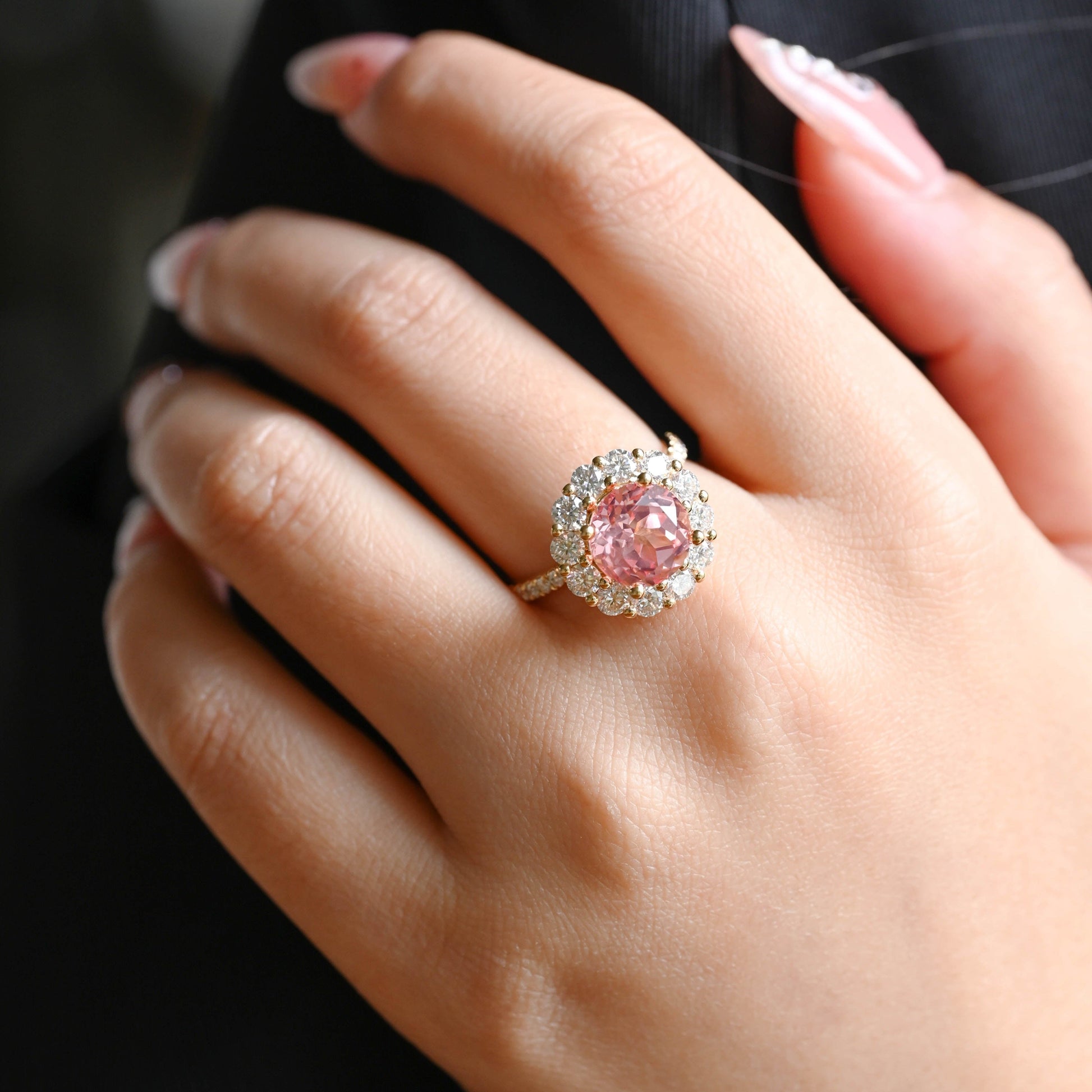 CausYou lab grown sapphire engagement ring Solid Gold Round Lab Grown Padparadscha Pink Sapphire Engagement Ring, Floral Halo Ring