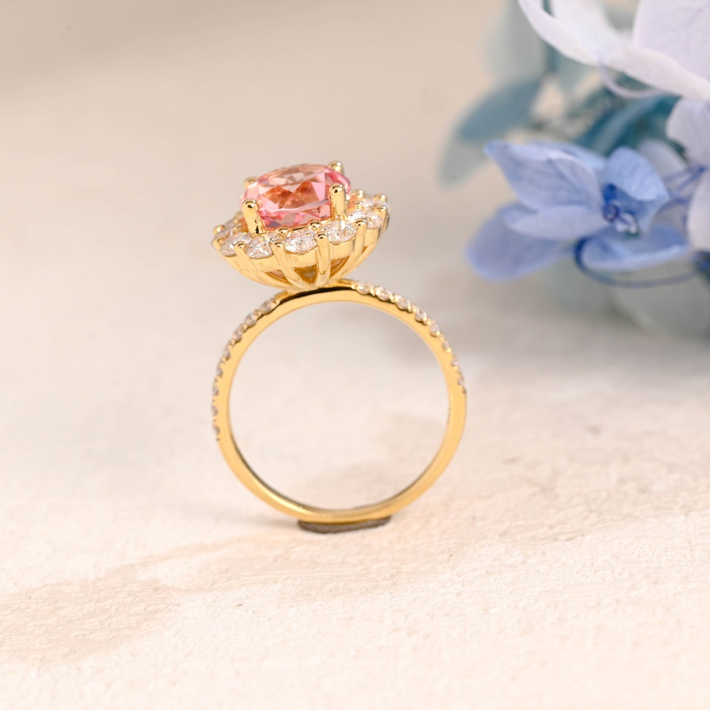 CausYou lab grown sapphire engagement ring Solid Gold Round Lab Grown Padparadscha Pink Sapphire Engagement Ring, Floral Halo Ring