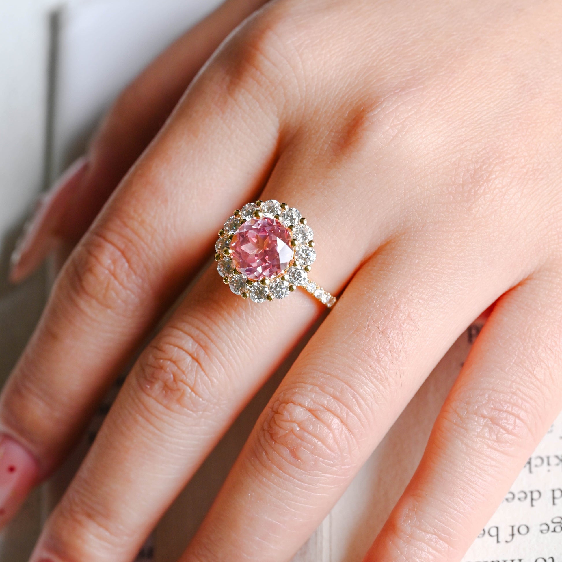 CausYou lab grown sapphire engagement ring Solid Gold Round Lab Grown Padparadscha Pink Sapphire Engagement Ring, Floral Halo Ring