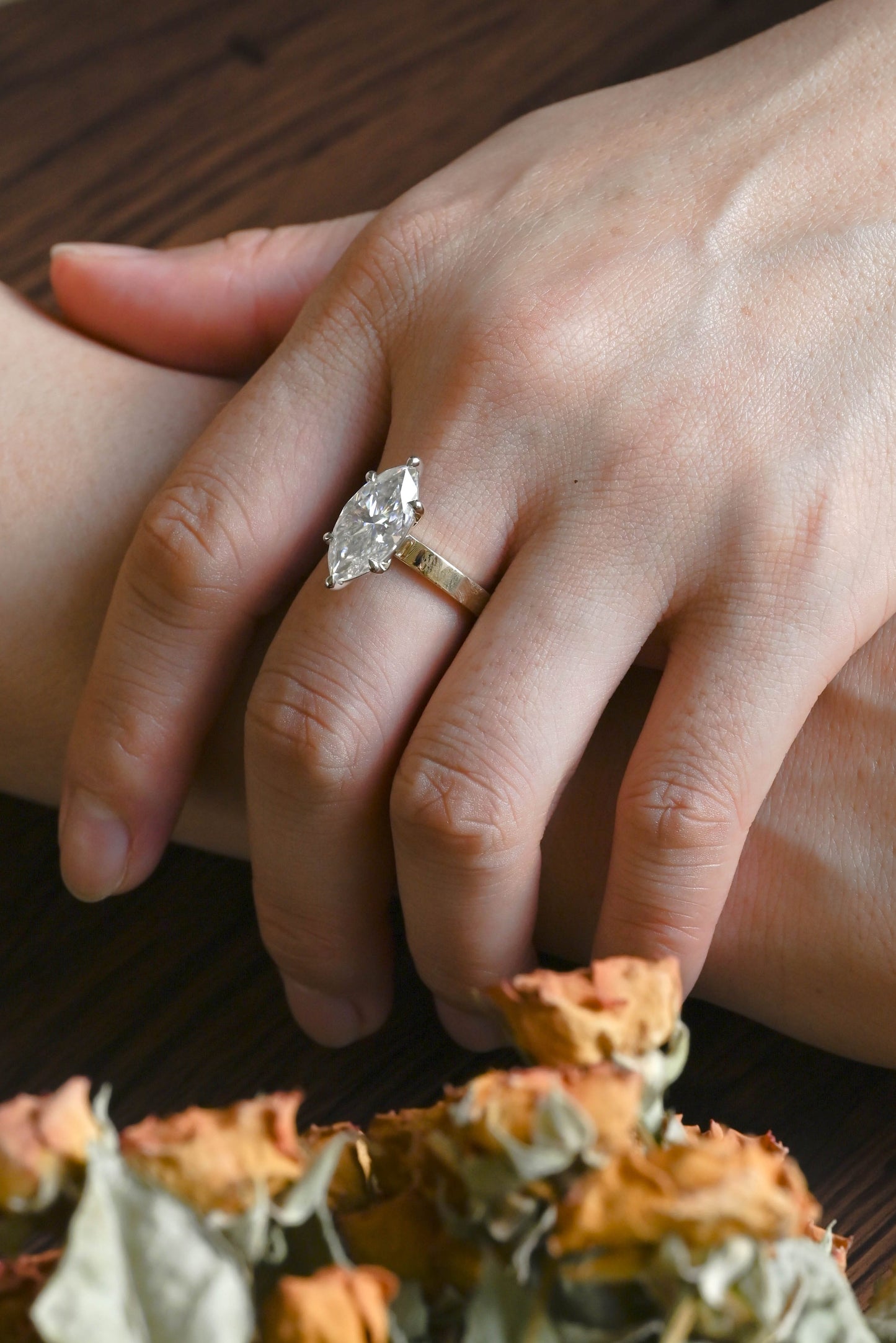 CausYou Marquise cut moissanite engagement ring Solid Gold 3mm Width Two Tone Marquise Cut Moissanite Engagement Ring