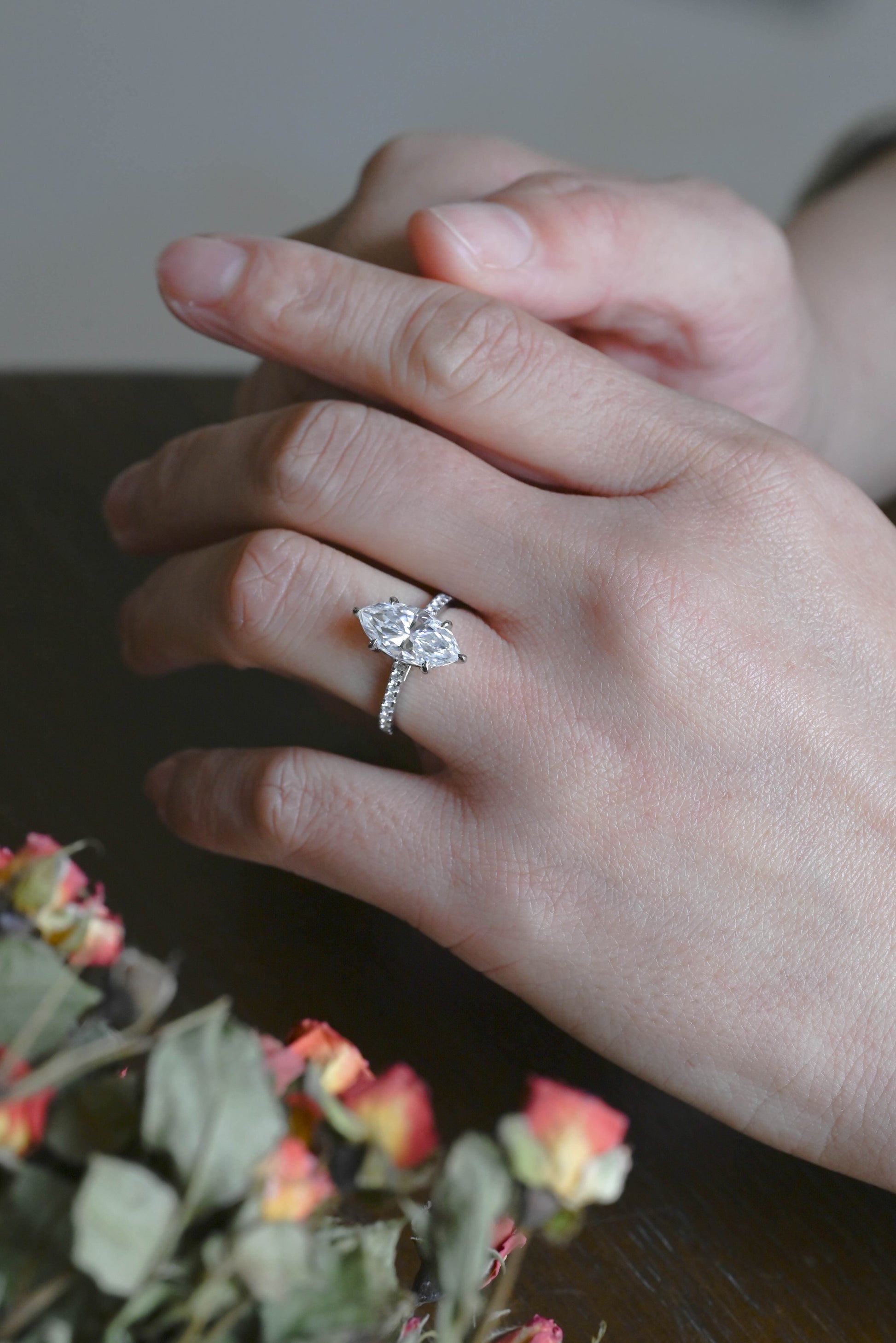 CausYou Marquise cut moissanite engagement ring Solid Gold Solitaire Hidden Halo Marquise Cut Moissanite Engagement Ring