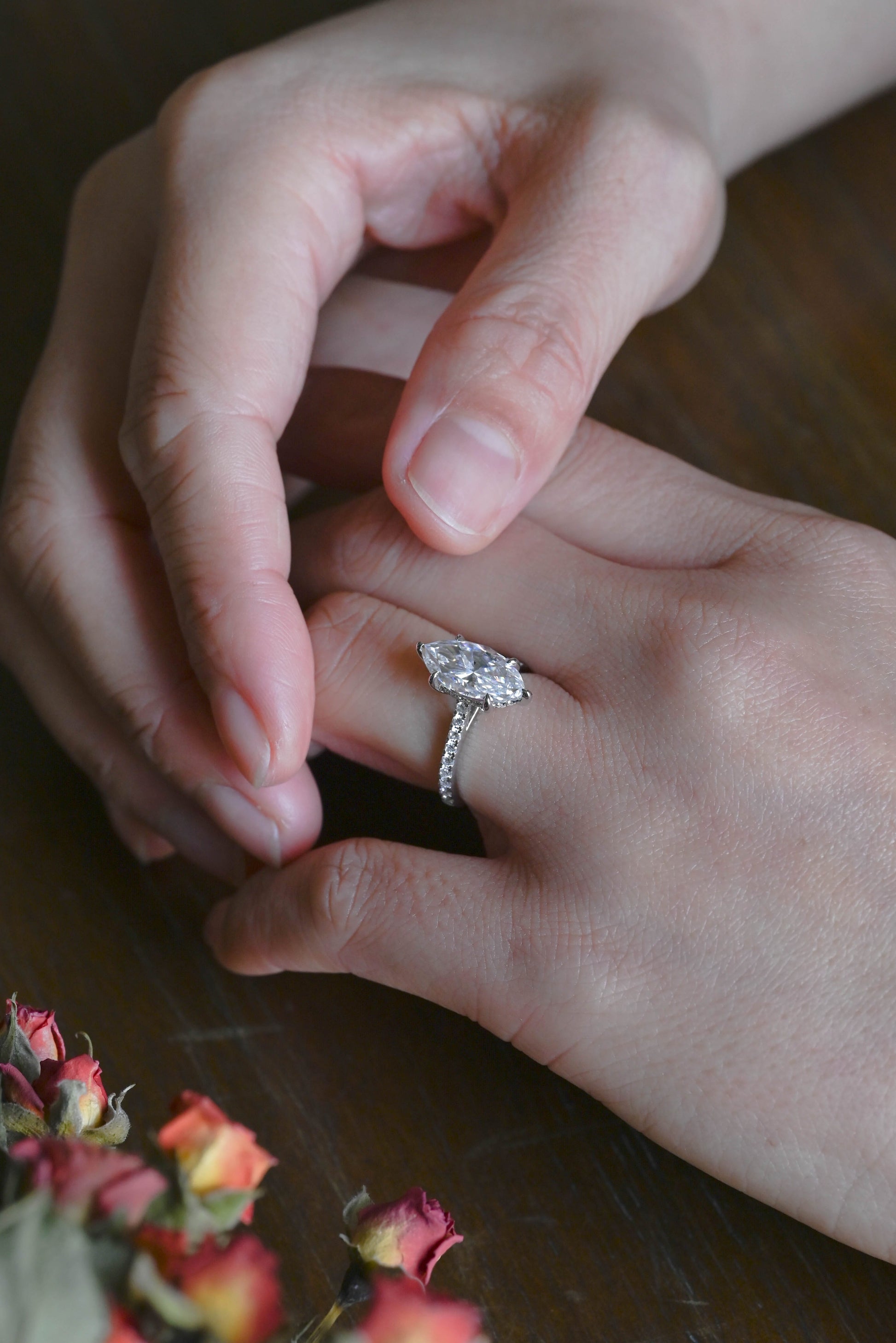 CausYou Marquise cut moissanite engagement ring Solid Gold Solitaire Hidden Halo Marquise Cut Moissanite Engagement Ring