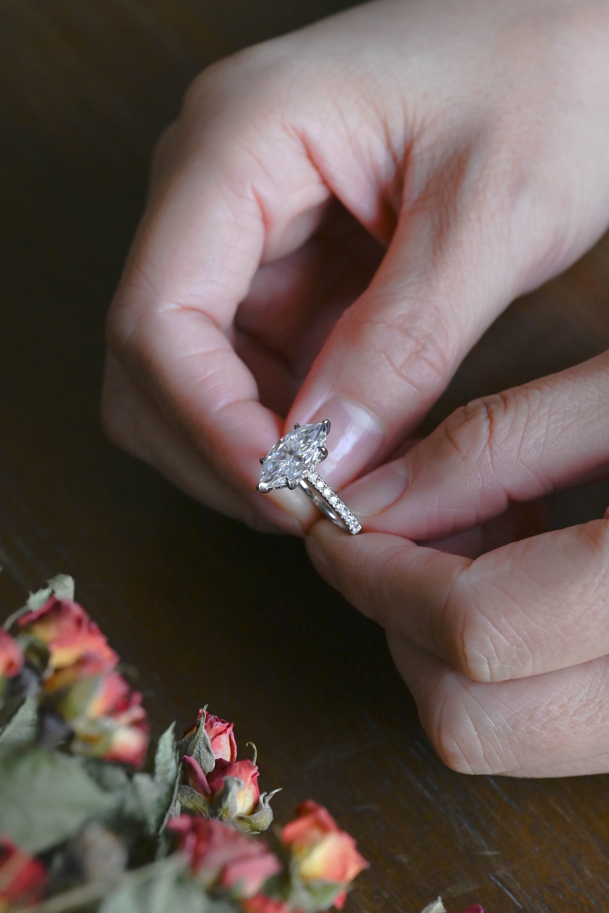 CausYou Marquise cut moissanite engagement ring Solid Gold Solitaire Hidden Halo Marquise Cut Moissanite Engagement Ring