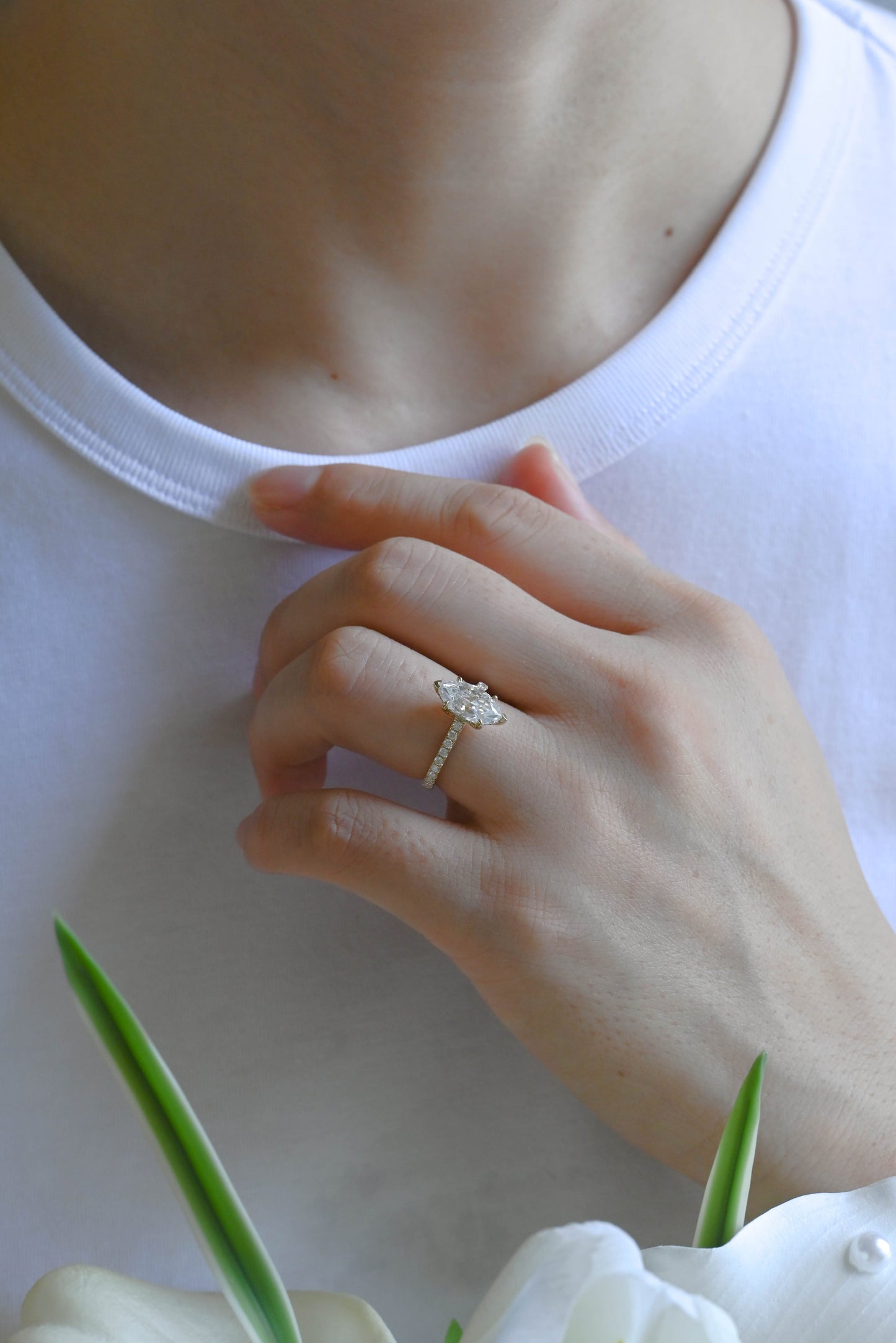 CausYou Marquise cut moissanite engagement ring Solid Gold Solitaire Hidden Halo Marquise Cut Moissanite Engagement Ring