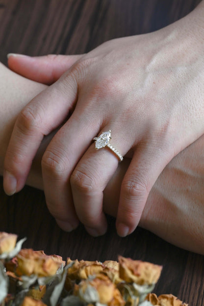 CausYou Marquise cut moissanite engagement ring Solid Gold Solitaire Hidden Halo Marquise Cut Moissanite Engagement Ring