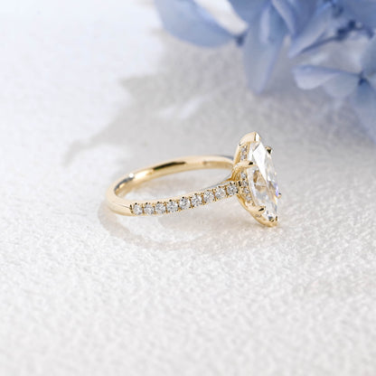 CausYou Marquise cut moissanite engagement ring Solid Gold Solitaire Hidden Halo Marquise Cut Moissanite Engagement Ring