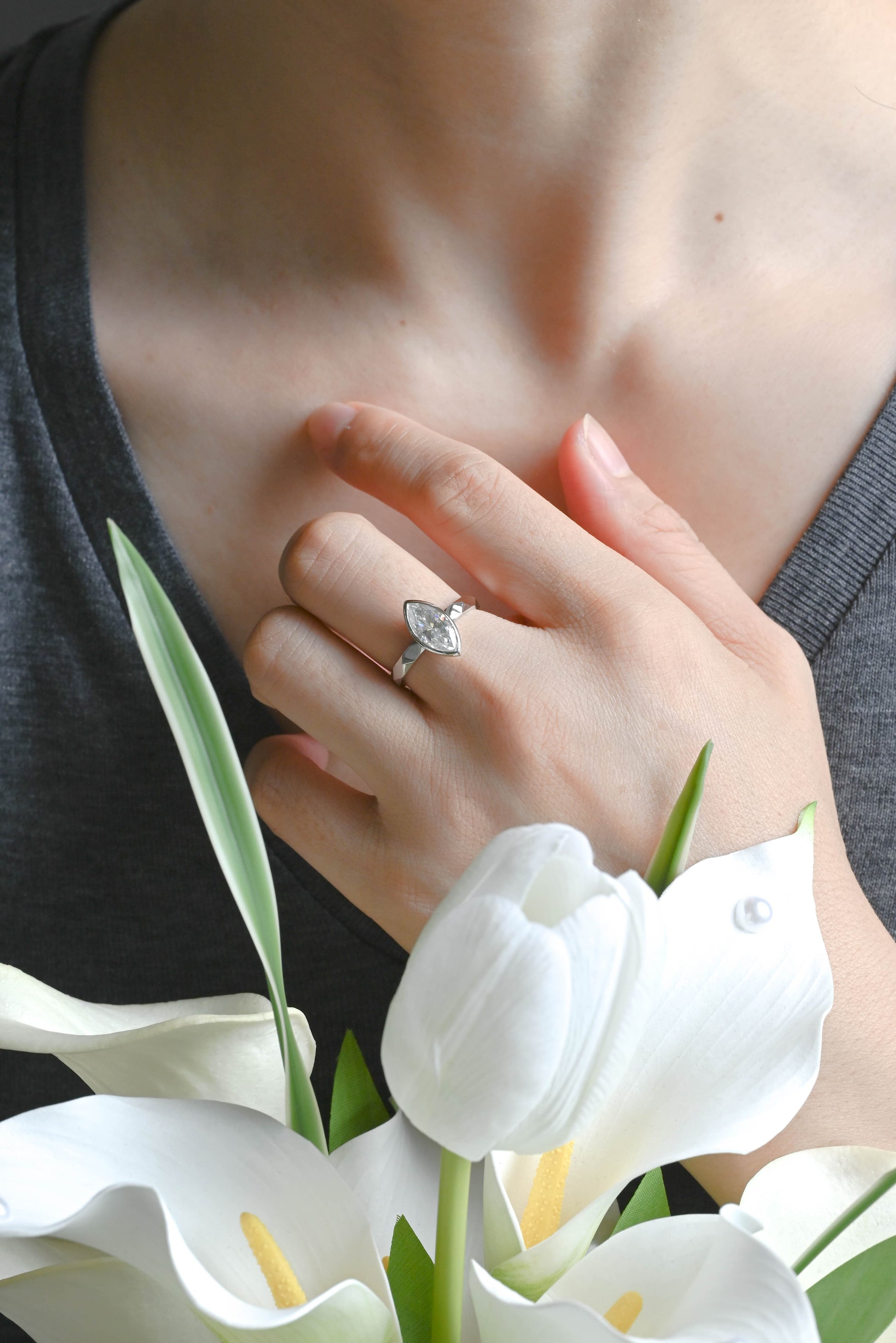 CausYou Marquise cut moissanite engagement ring Solid Gold Solitaire Marquise Cut Moissanite Engagement Ring, 2.5mm Sculptural Faceted Ring