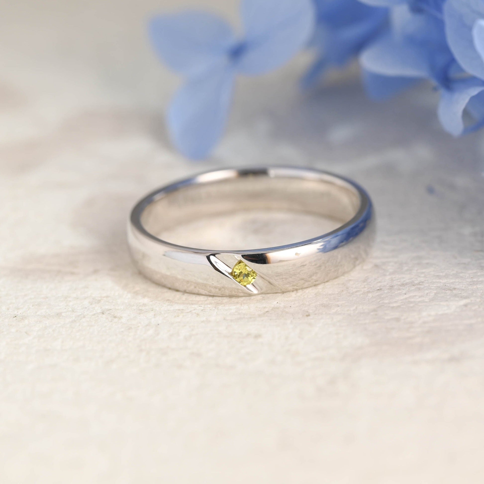 CausYou men's wedding ring Solid Gold 4mm Width Round Cut Yellow Sapphire Wedding Band