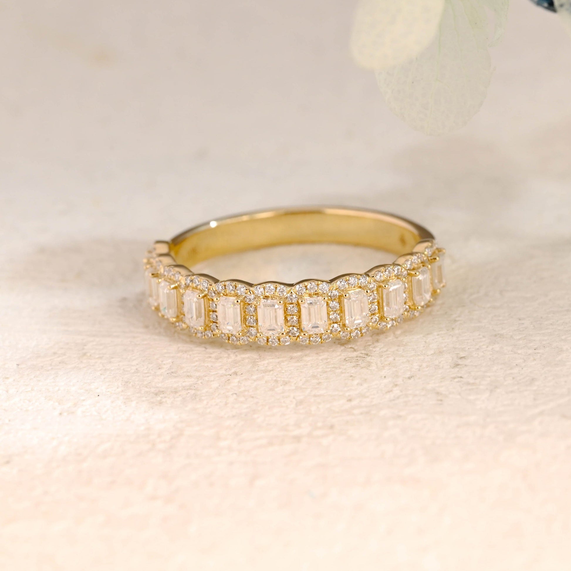 CausYou men's wedding ring Solid Gold Half Eternity Emerald Cut Wedding Band for Men