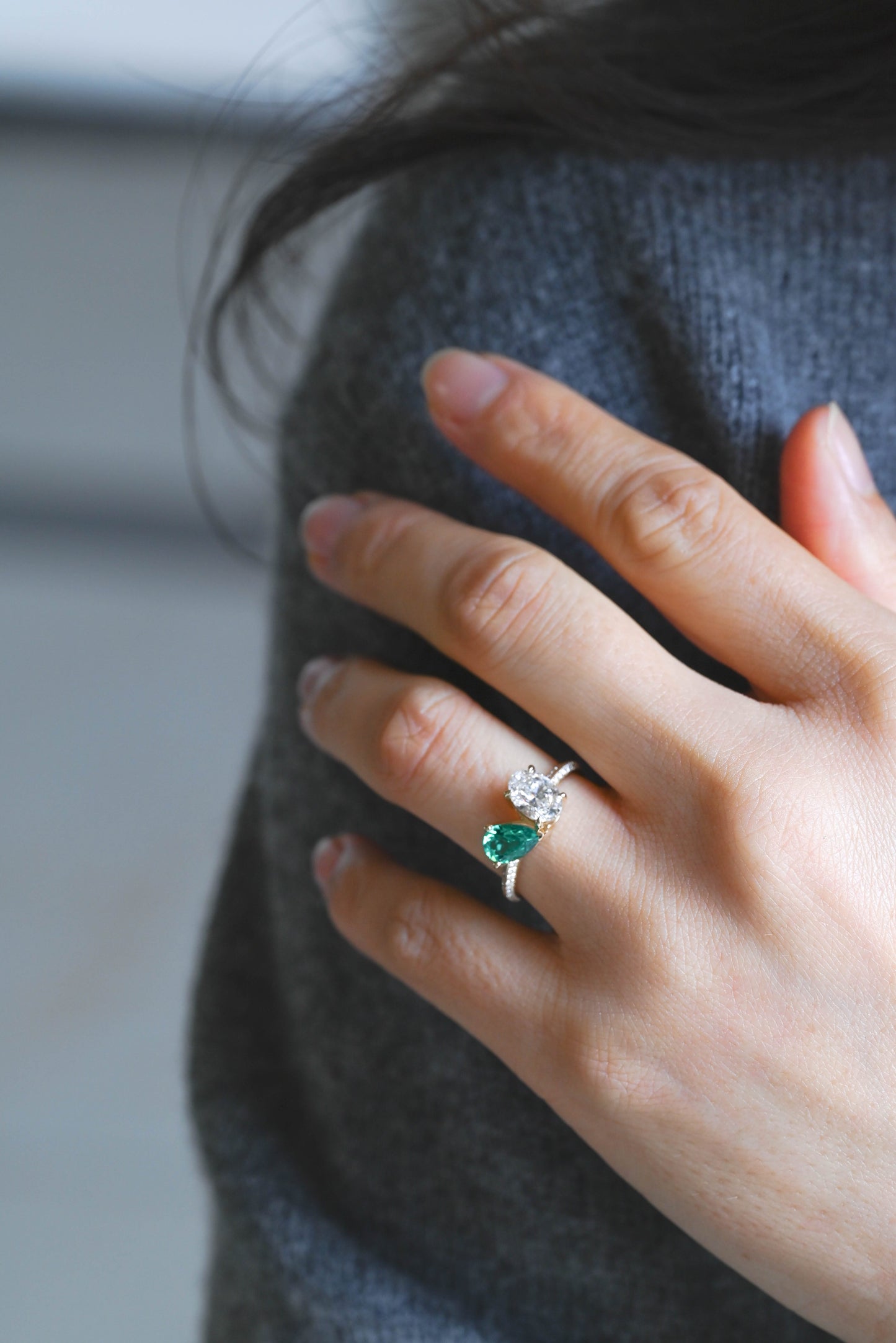 CausYou oval cut diamond engagement ring Solid Gold Oval Lab Diamond Engagement Ring | D VS1 IGI Certified, Emerald & Diamond Toi et Moi Ring